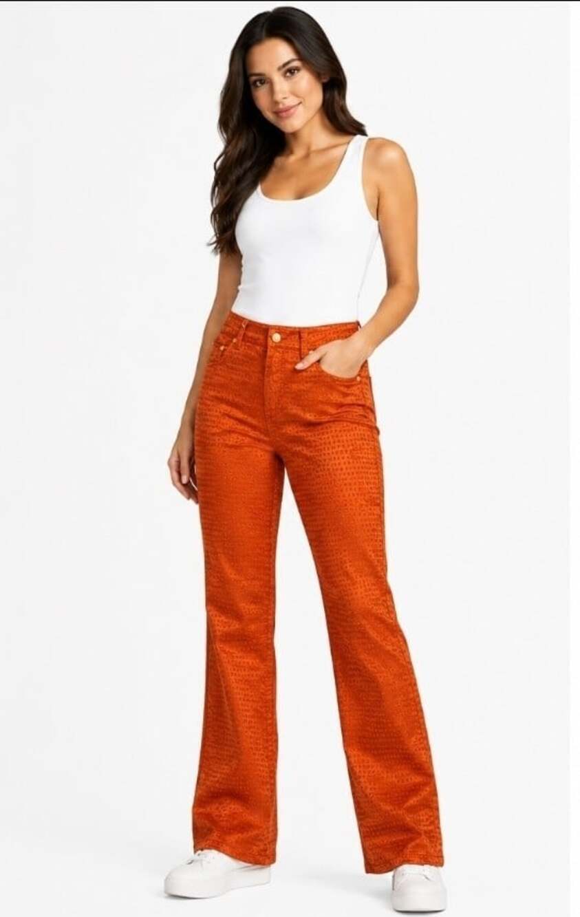 PLATINI JEANS COUGAR  ALL OVER LOGO Print Satin Flare Pants Sz 26 Nwt Orange T60